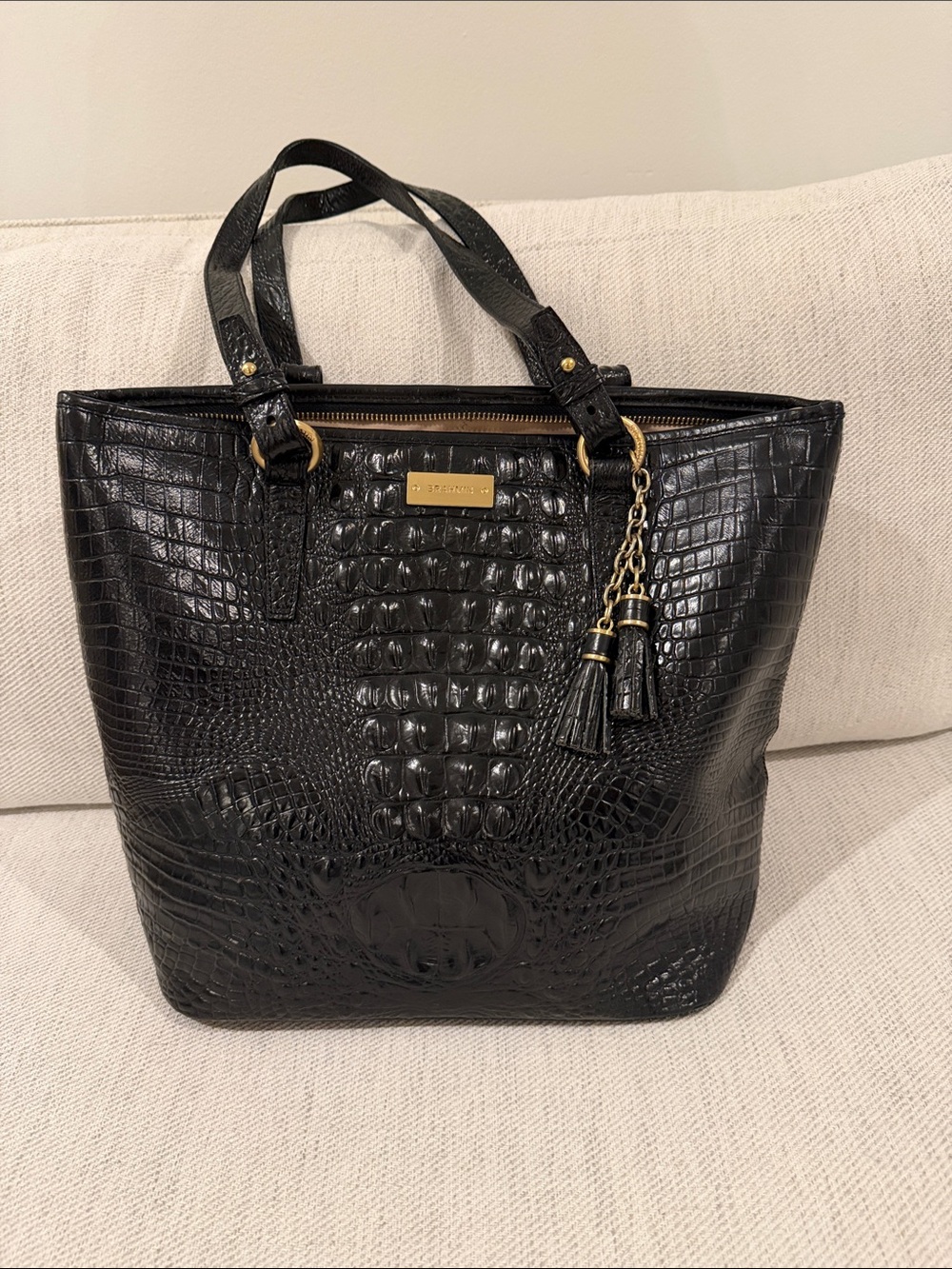 Brahmin Black Croc-Embossed Tote Bag with Tassel Charm